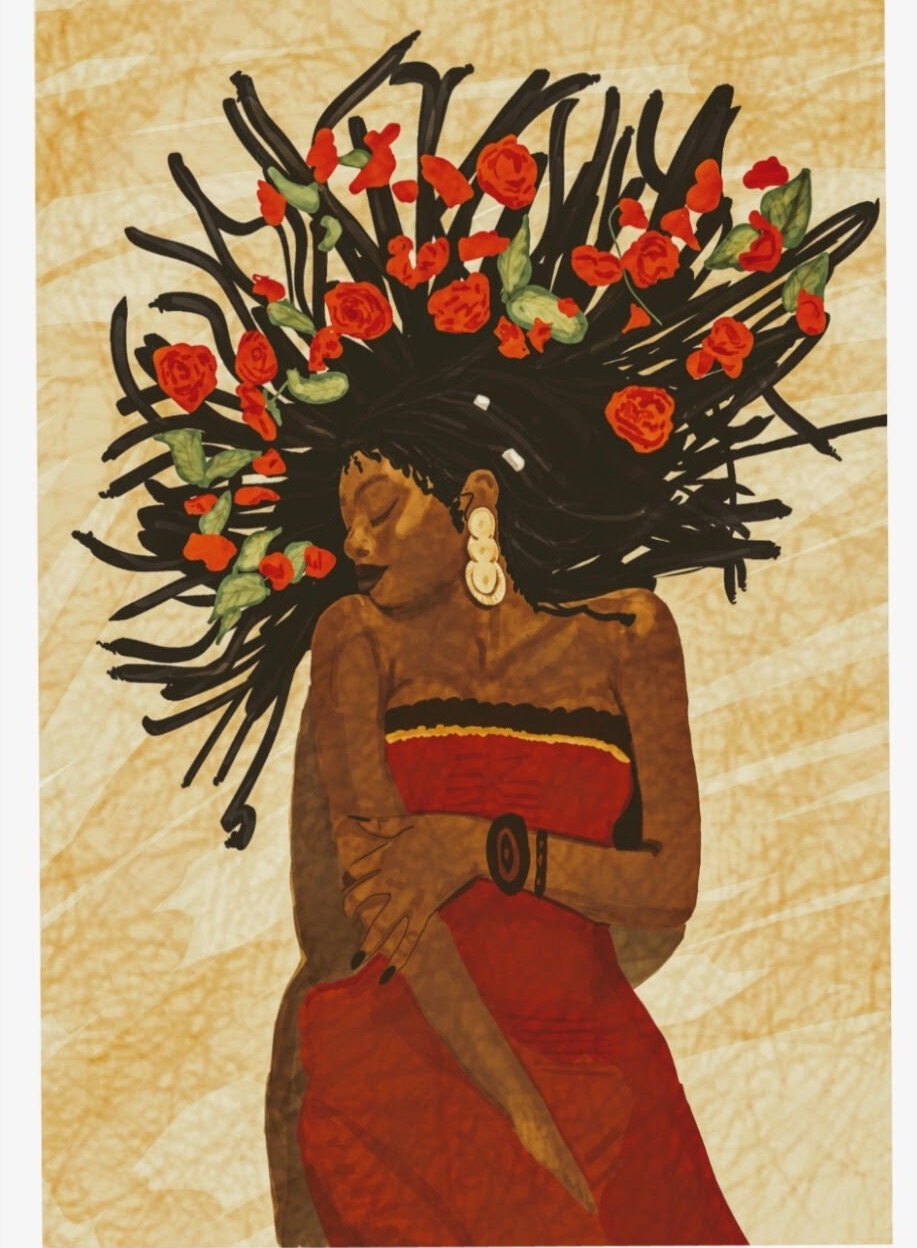 Roses in Her Hair  | African Woman Black Wall Art |