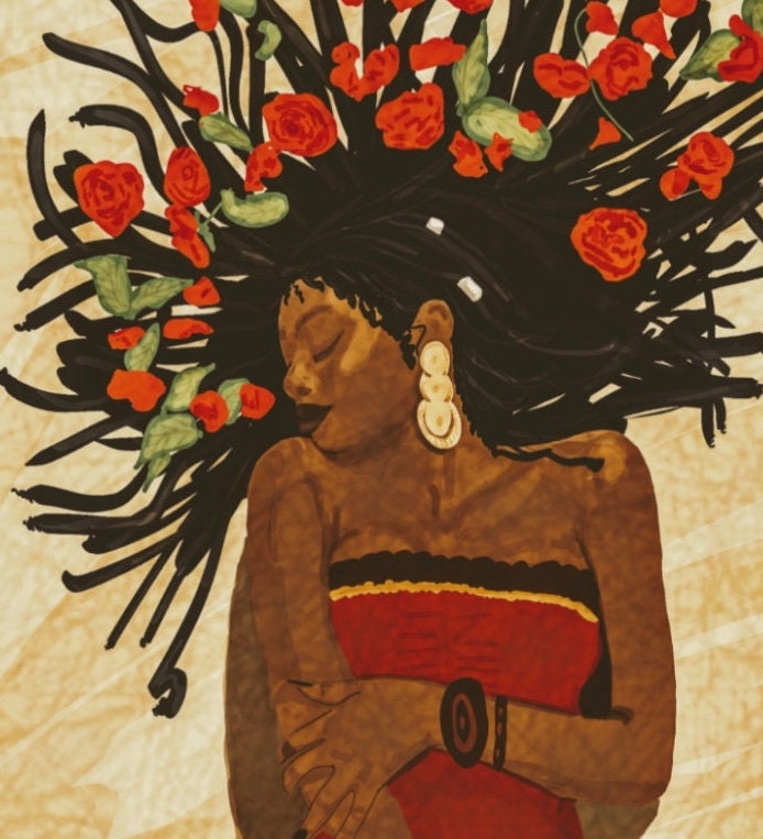 Roses in Her Hair  | African Woman Black Wall Art |